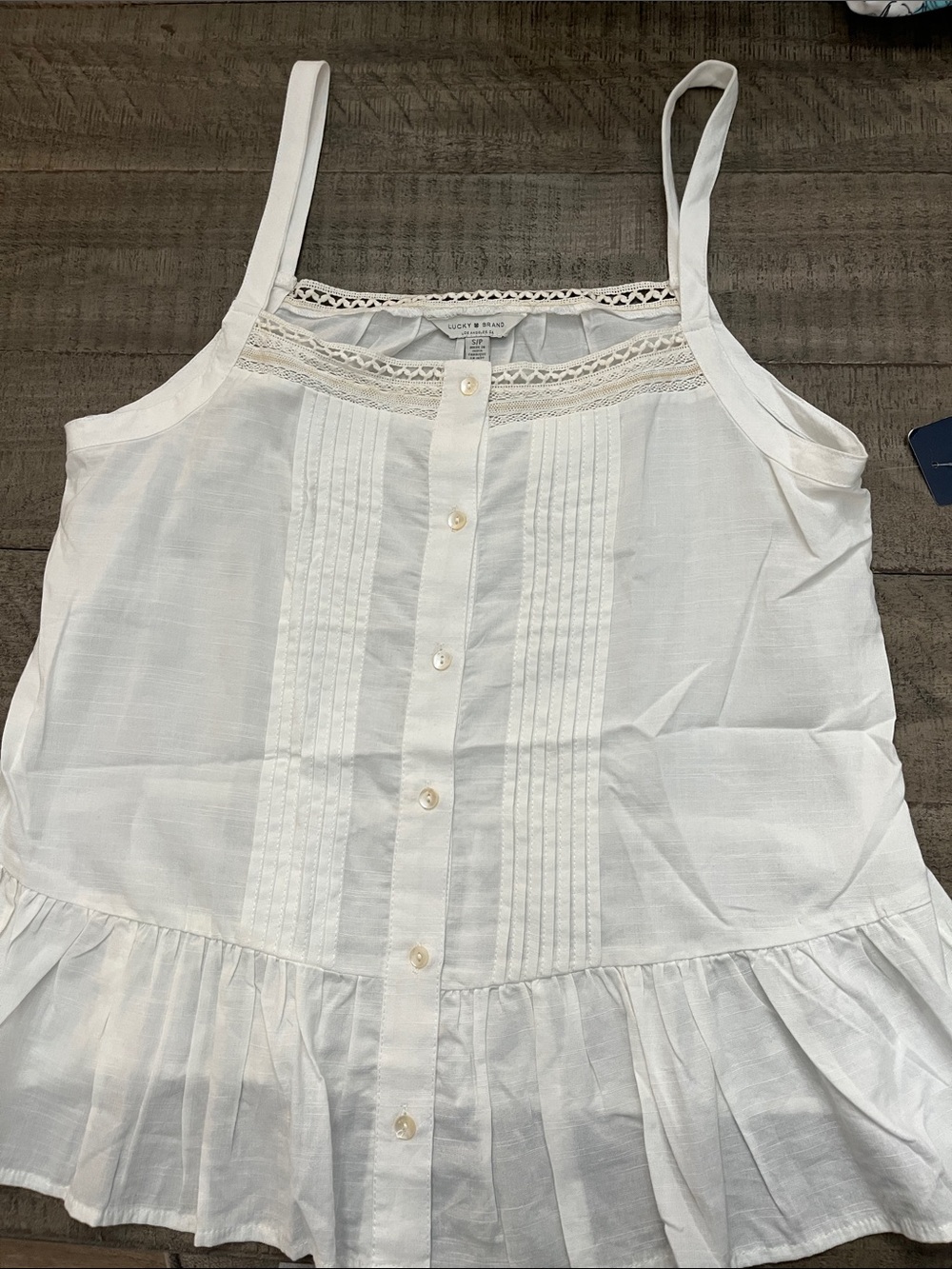 Lucky Brand White Cotton Button-Front Ruffle Tank